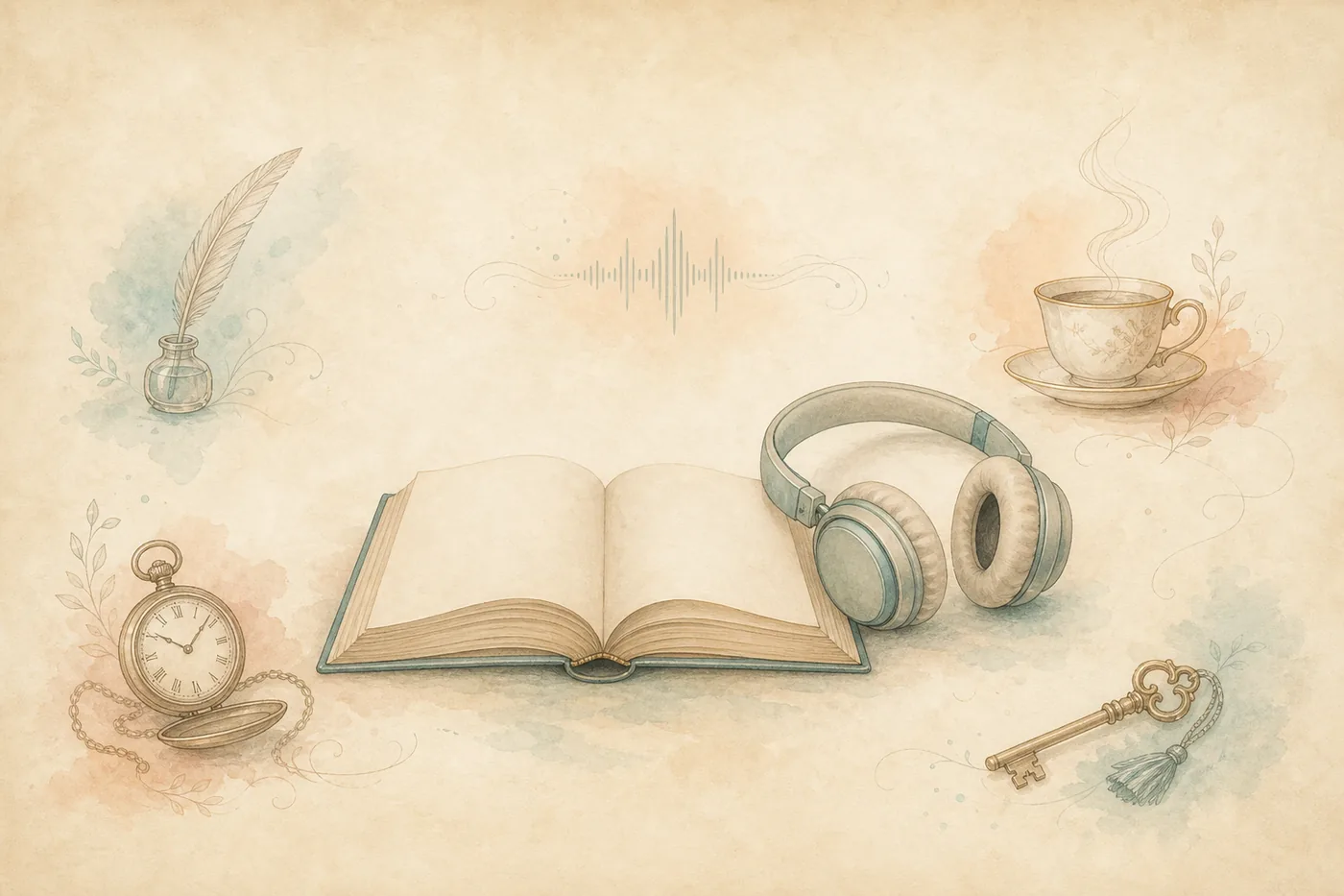 An open book beside soft headphones, surrounded by faint literary symbols on warm parchment